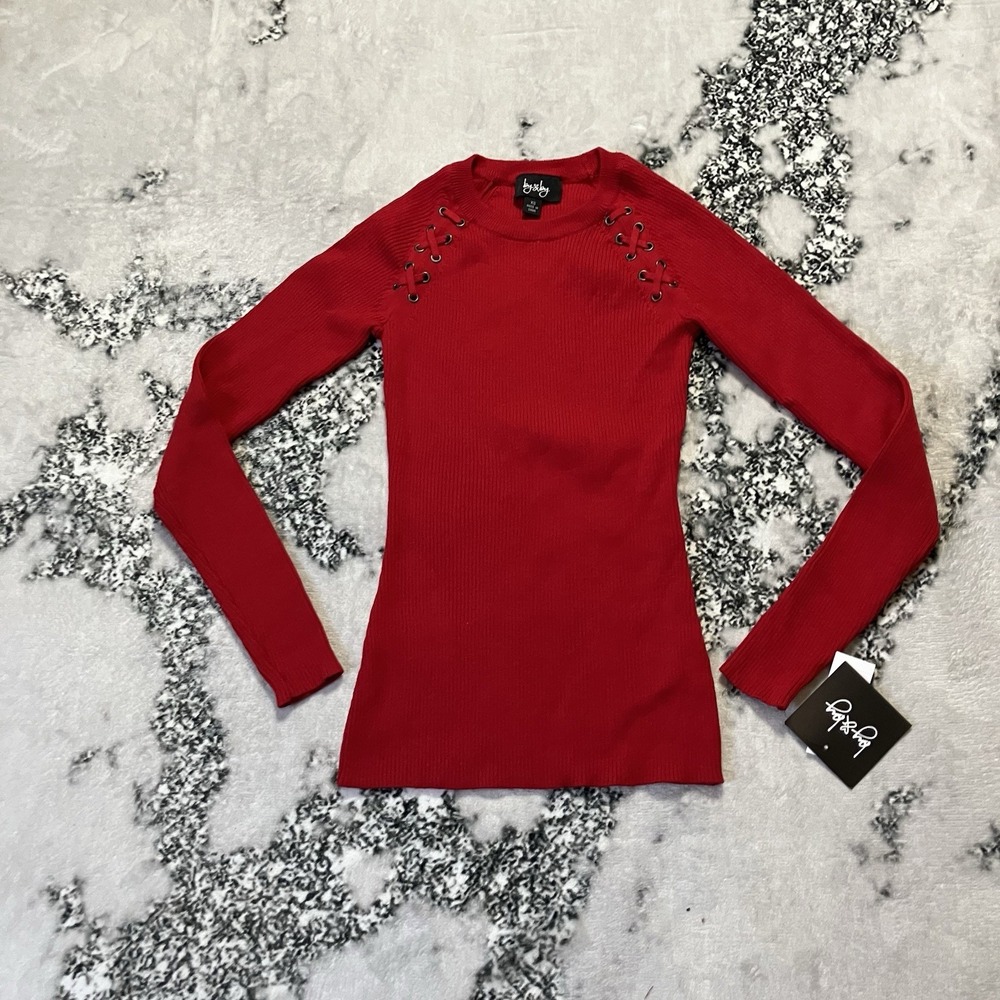 BCX Sweater Red Junior Size XS Ribbed Grommet Lace-Up Solid Rib‎ Tunic